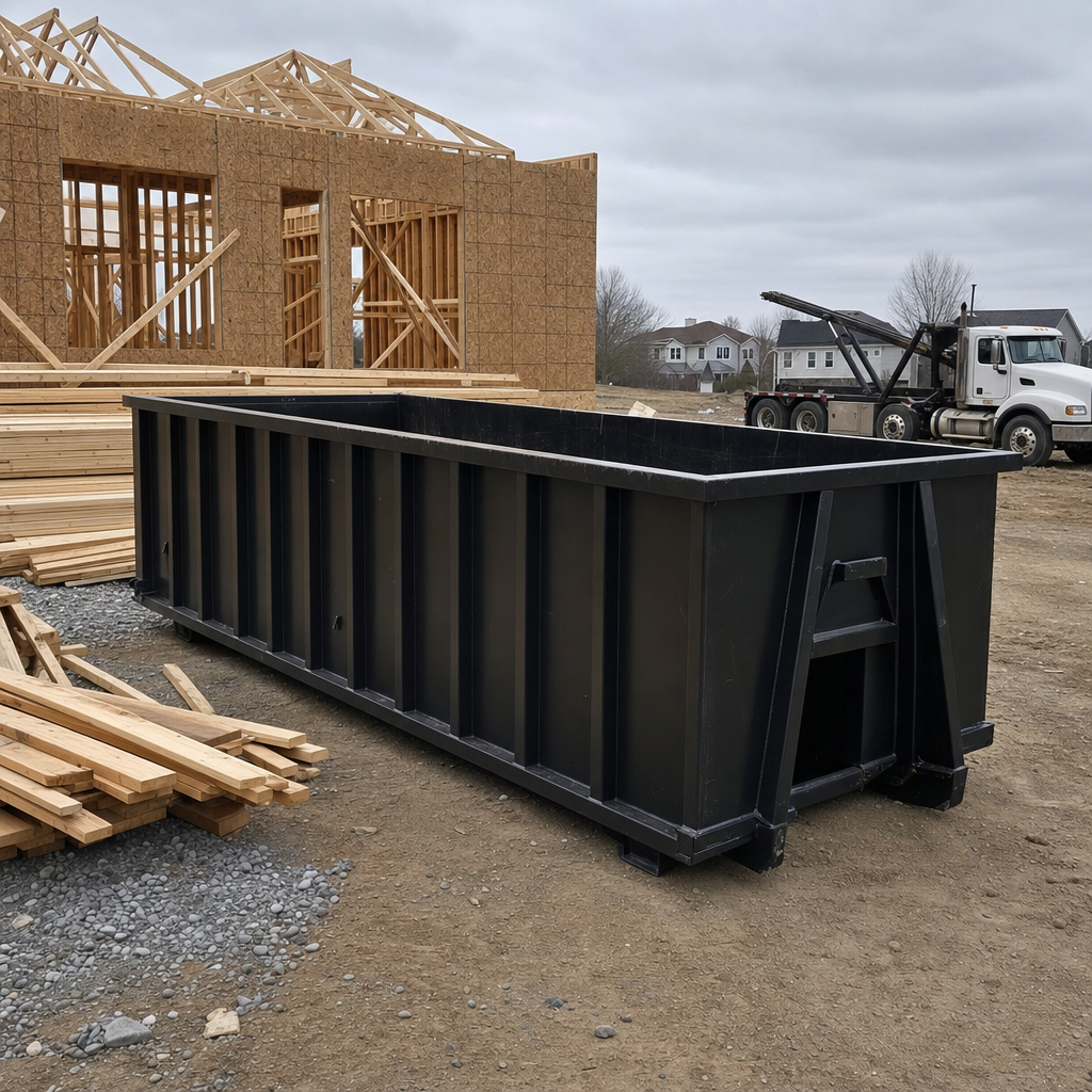 Matte-black 40-yard roll-off dumpster staged on a framed-out residential construction site in Lafayette, framing lumber stacked nearby, hooklift delivery truck visible in the background under bright Colorado daylight