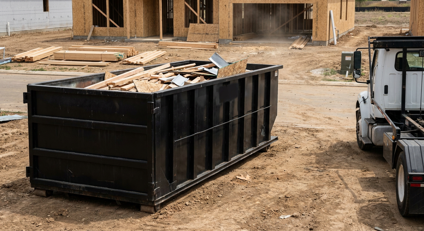 Matte-black 20-yard roll-off construction dumpster with heavy ribbed steel sidewalls and swing rear doors at a working jobsite in Lafayette, sitting directly on compacted dirt with an unmarked white hauler partially visible at the far edge of the frame.