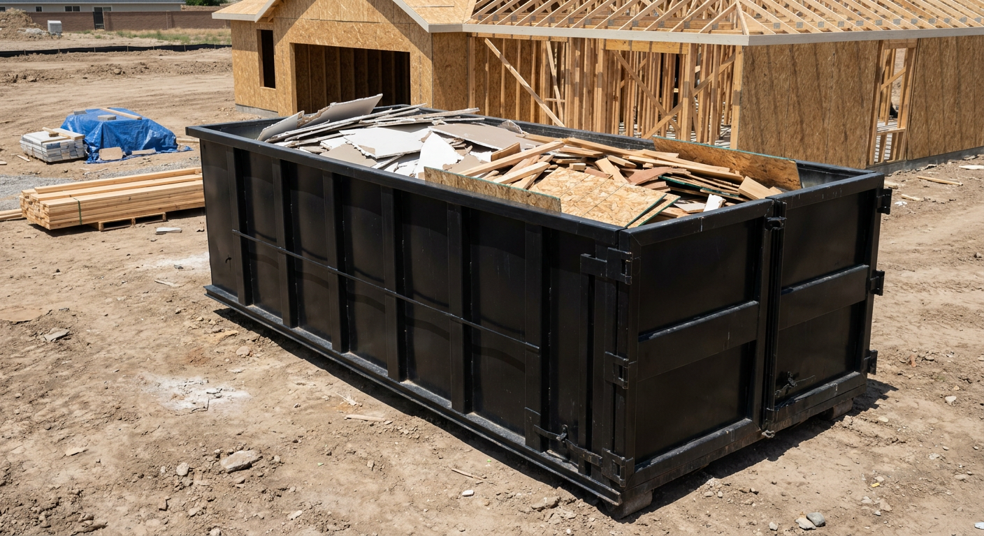 Matte-black 30-yard roll-off construction dumpster sitting directly on the compacted-dirt site of a framed single-family home build in Lafayette, drywall and lumber scrap loaded inside.