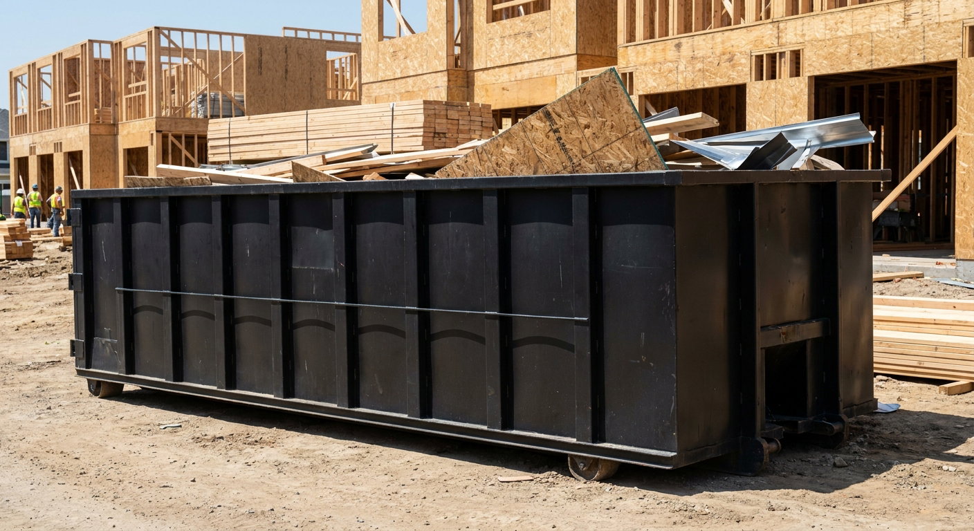 Matte-black 40-yard roll-off construction dumpster being lowered from a white-cab hooklift delivery truck onto the compacted-dirt jobsite at a commercial build site in Lafayette