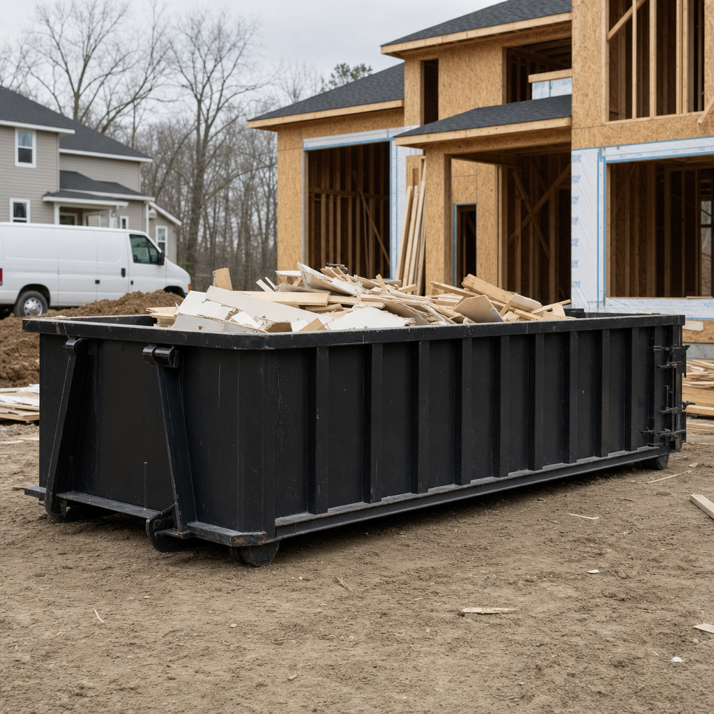 Worker in a yellow high-visibility vest tossing framing lumber and broken drywall into a matte-black 30-yard construction roll-off dumpster on an active build site in Lafayette, bright daylight