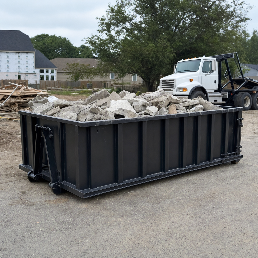 Low-profile matte-black lowboy roll-off dumpster loaded with broken concrete slab and rebar at a foundation tear-out in Lafayette, skid steer parked beside it, sunny Colorado morning