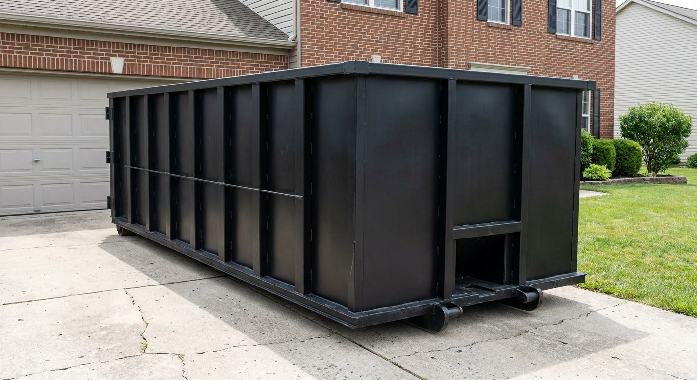 Matte-black 20-yard roll-off container on a Lafayette residential concrete driveway with reinforced ribbed steel sidewalls and a hinged rear walk-in door, clean bright daylight.