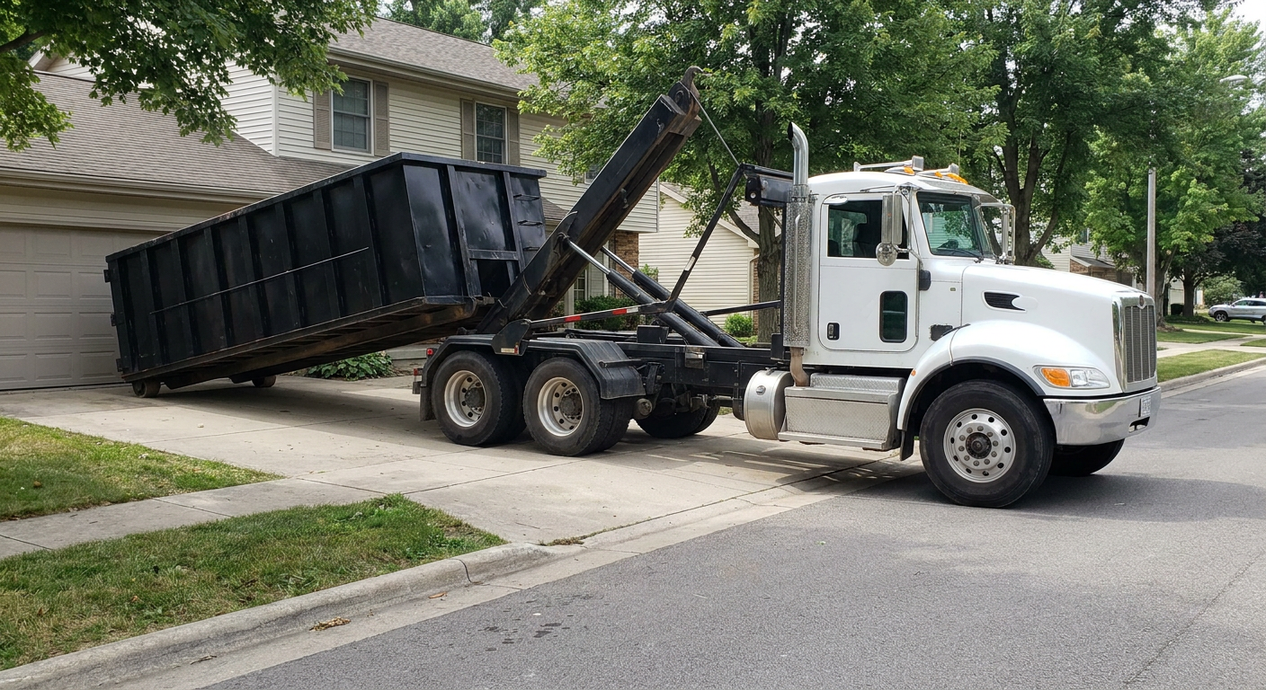 White-cab hooklift roll-off truck actively lowering a matte-black dumpster onto a Lafayette residential concrete driveway, the dumpster's rear wheels touching the driveway as the hoist arm tilts the bed forward, mid-morning daylight.