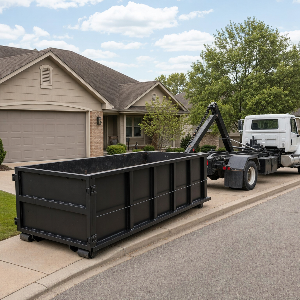 Wide documentary shot of a matte-black roll-off dumpster on a Lafayette residential driveway in the foreground and a contractor jobsite container in the soft-focus background, bright daylight, calm and orderly composition.