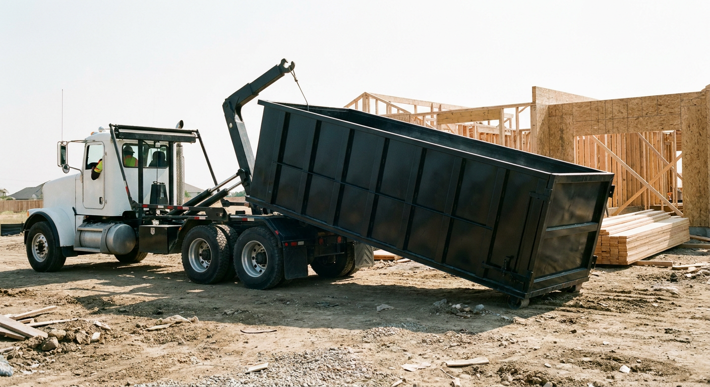 Matte-black roll-off dumpster being delivered onto a clean residential concrete driveway in Lafayette by an unmarked white hooklift hauler truck, bright morning daylight, documentary 35mm perspective.