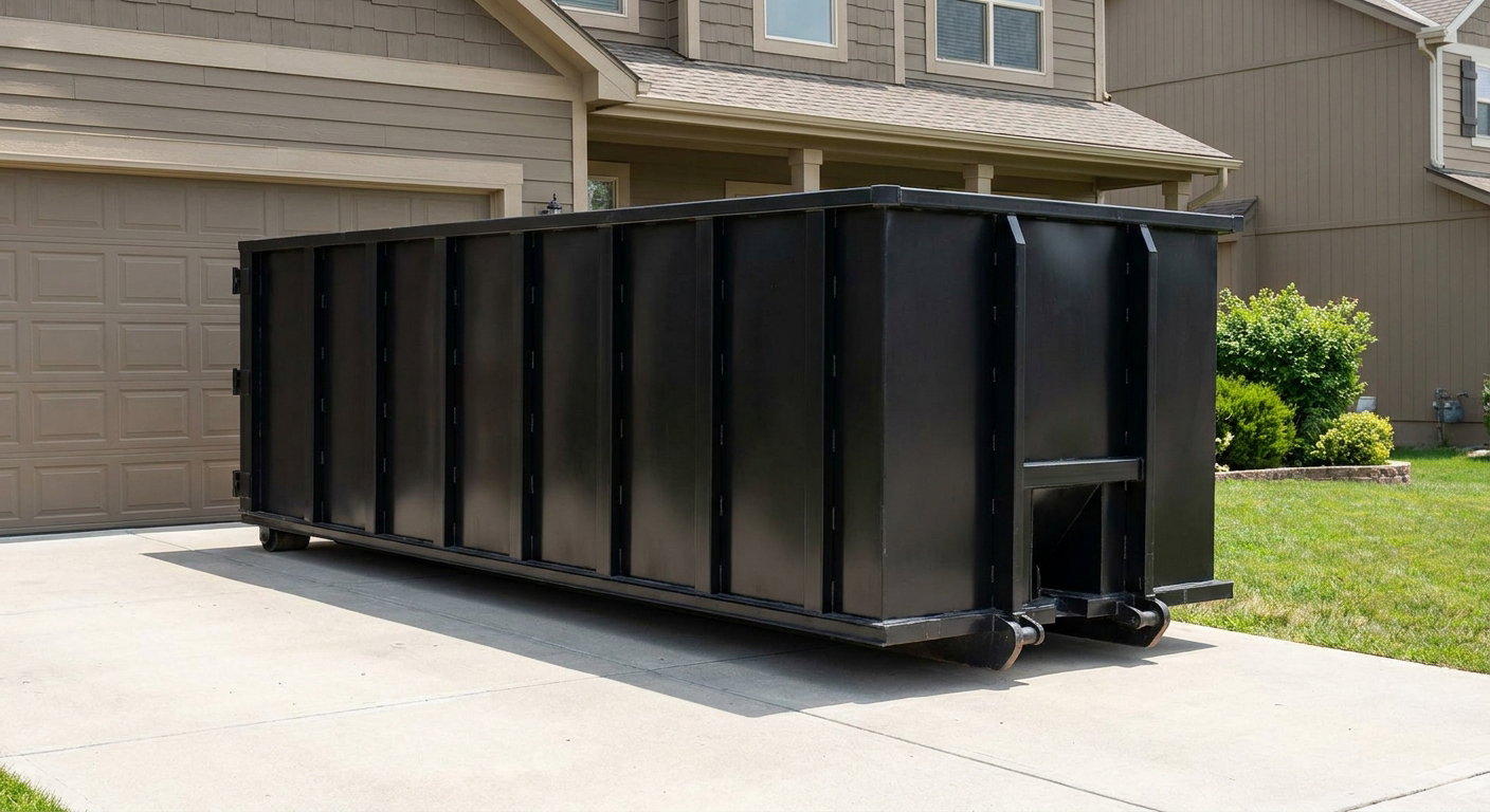 Matte-black residential roll-off dumpster sitting directly on a suburban Lafayette concrete driveway, garage door closed, single-family home in background, bright morning daylight.