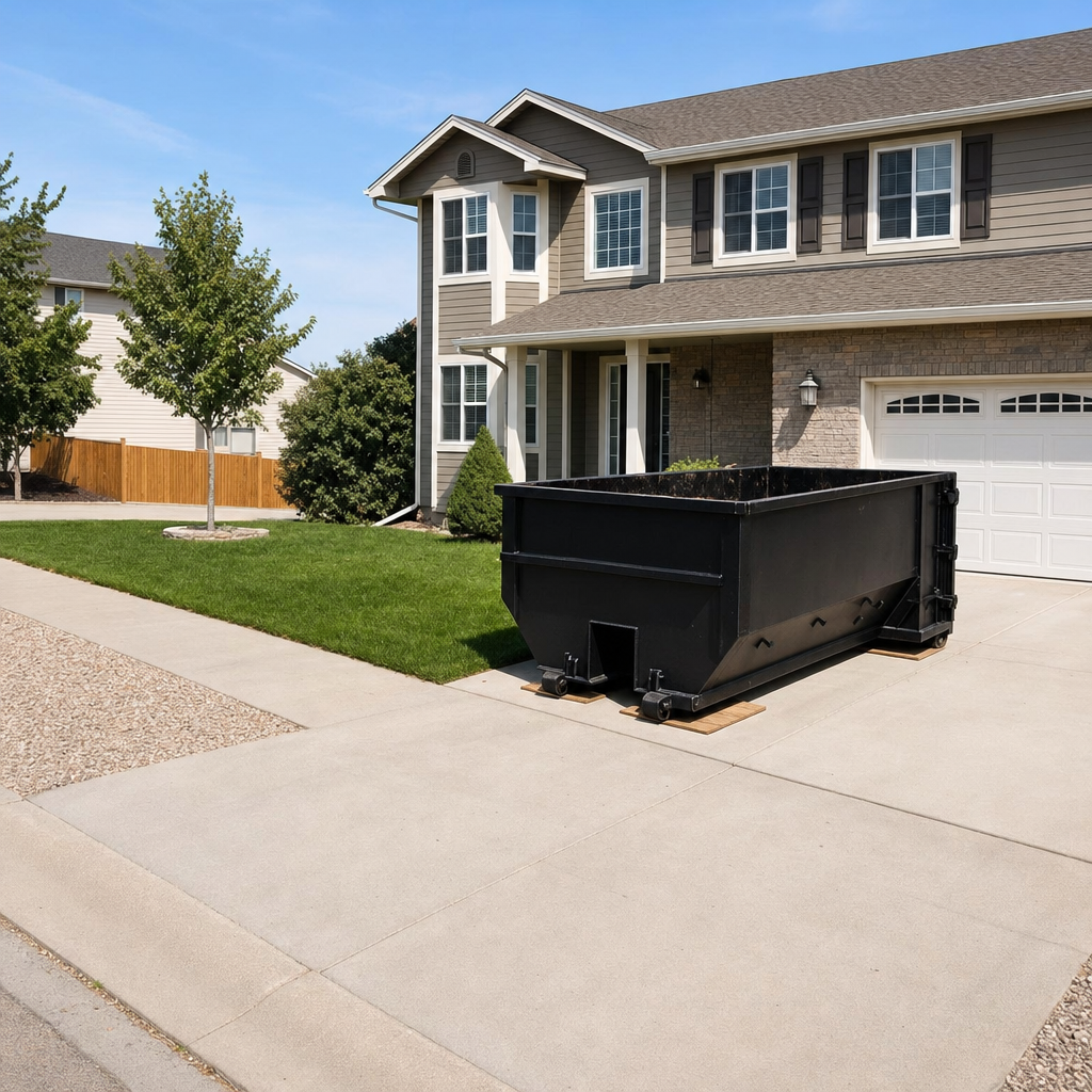 10-yard matte-black residential dumpster placed directly on a narrow Lafayette concrete driveway, room remains for a parked sedan beside it, mid-morning natural light