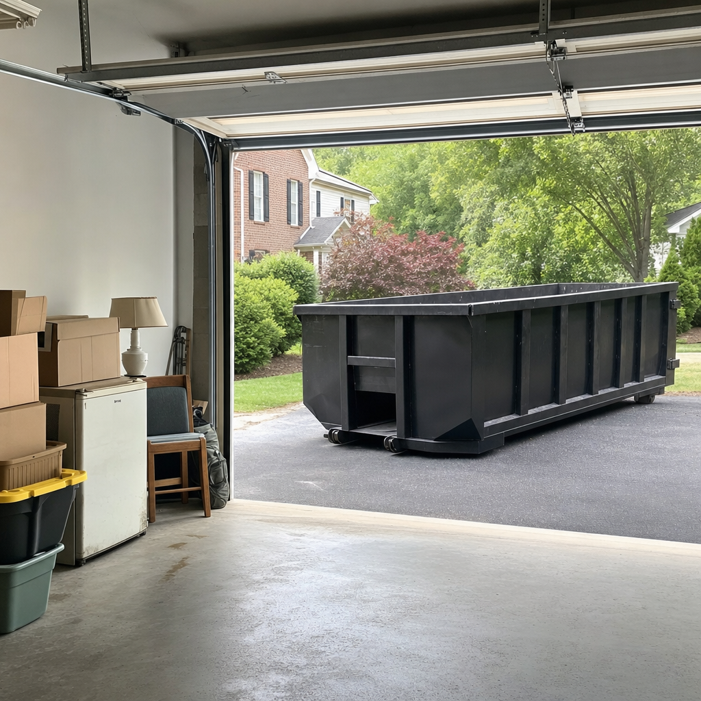Open garage interior in a Lafayette home mid-cleanout — boxed items, an old appliance, and stacked yard tools queued near the driveway for a matte-black roll-off dumpster, organized and calm