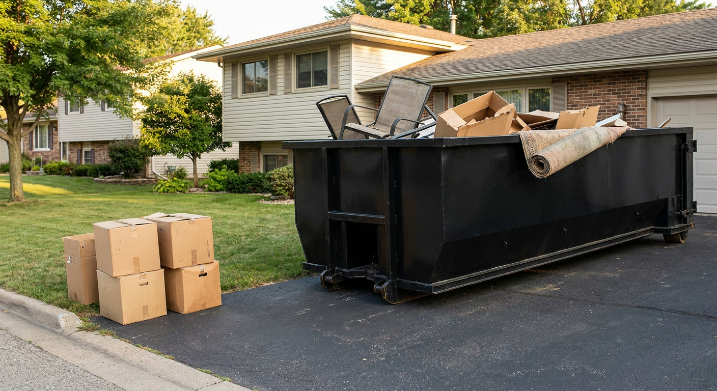 Front-yard view of a Lafayette split-level home with a 20-yard matte-black roll-off dumpster sitting directly on the asphalt driveway, a few clearly labeled donation boxes staged at the curb, calm sunny afternoon.