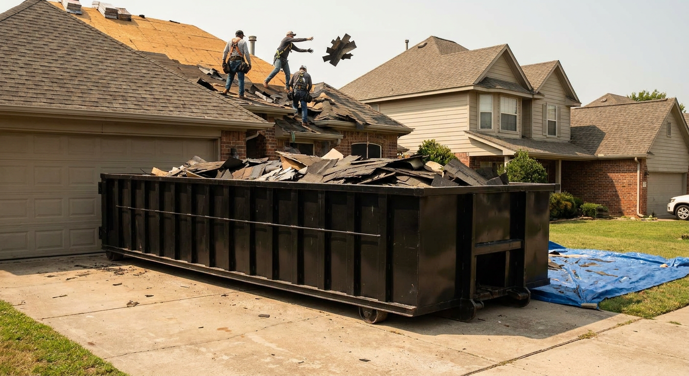Matte-black roofing roll-off dumpster placed directly on a Lafayette residential concrete driveway, a tear-off crew on a two-story asphalt-shingle roof tossing shingle bundles into the low-walled container, bright daylight, documentary 35mm perspective.