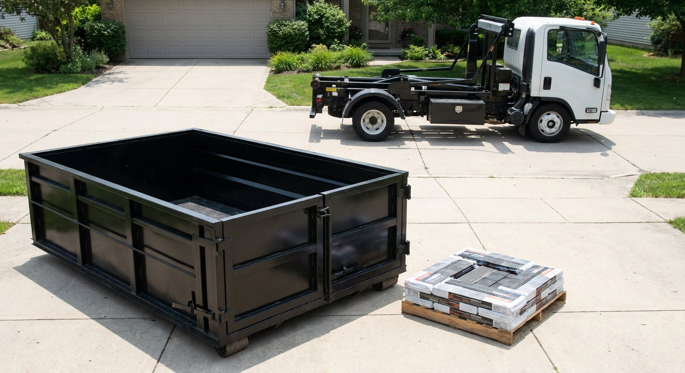 Matte-black 15-yard roofing roll-off dumpster with reinforced low side walls sitting directly on a Lafayette residential concrete driveway, three-tab asphalt shingle bundles stacked nearby, an unmarked white hauler truck partially visible at the edge of the frame.