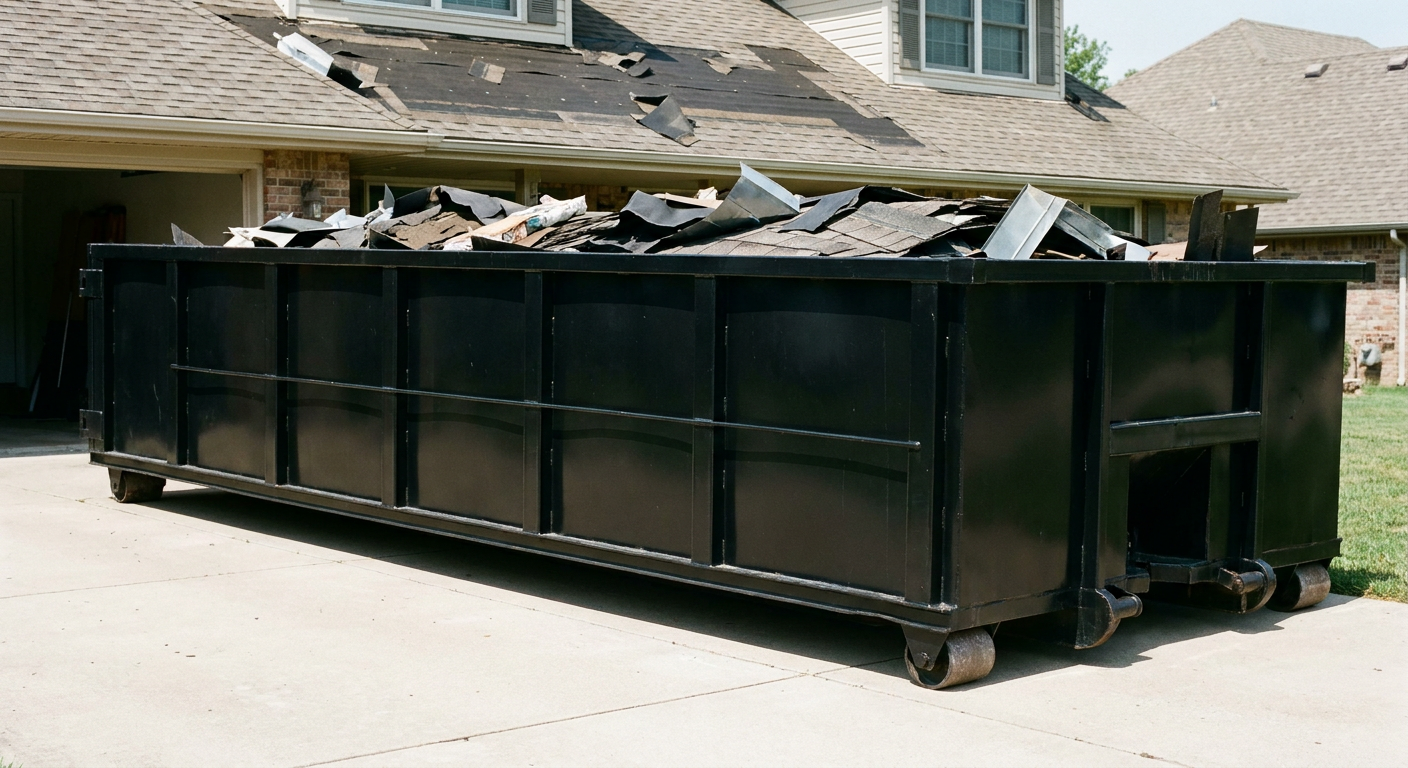 Matte-black 20-yard roofing roll-off dumpster with steel ribbed sides and swinging rear door, sitting directly on the concrete driveway of a two-story Lafayette home, asphalt shingle debris being loaded over the low wall, clean documentary lighting.