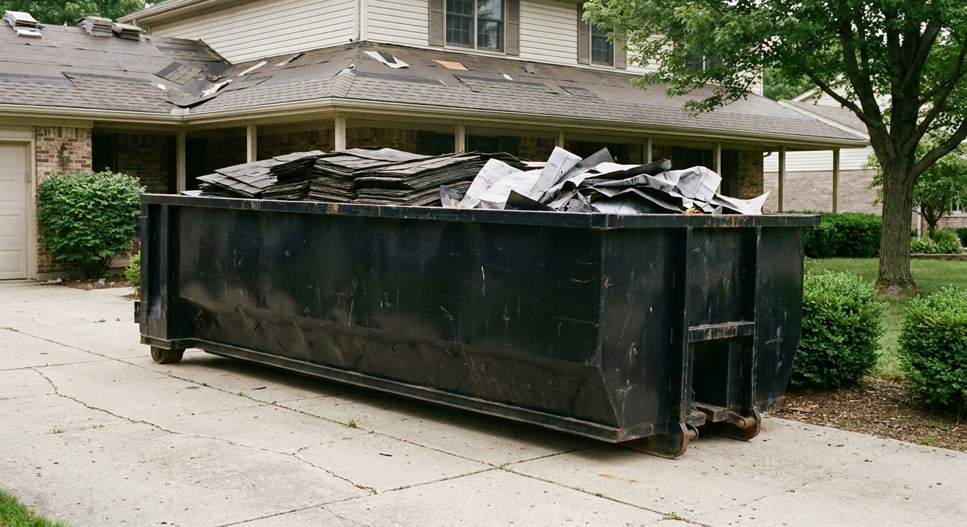 Matte-black 30-yard roofing roll-off dumpster sitting directly on a Lafayette concrete driveway, taller ribbed steel side panels, mixed tear-off debris of asphalt shingles and underlayment inside, professional documentary daylight.