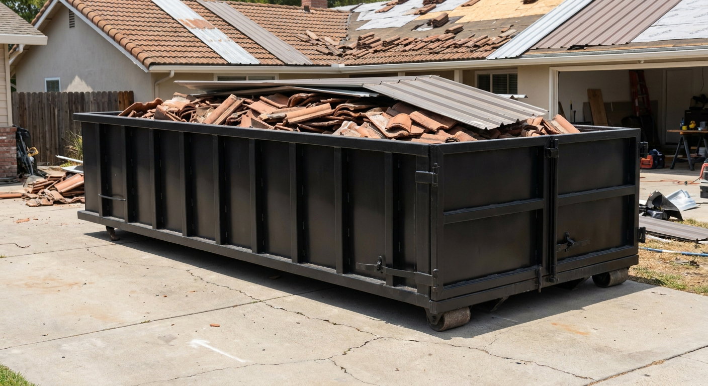 Matte-black low-wall heavy-debris roofing roll-off dumpster sitting directly on a Lafayette concrete driveway, broken concrete clay roof tiles and metal panel sections loaded inside, reinforced ribbed steel side walls visible, bright outdoor daylight.