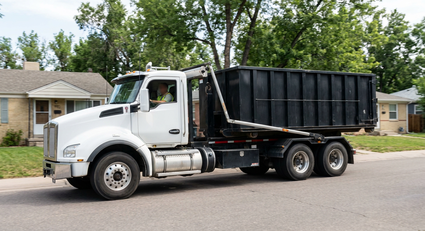 A wide documentary shot of a matte-black roll-off delivery truck pulling onto a quiet Lafayette residential street at mid-morning, with neighborhood rooftops and tree-lined blocks visible behind, showing the metro coverage footprint.
