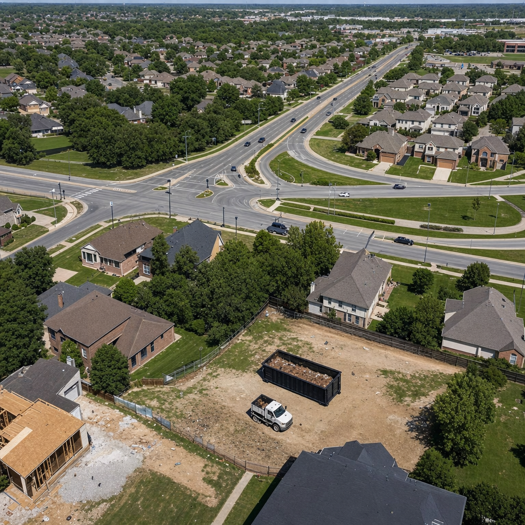 An overhead documentary view of the Lafayette metro area at midday, showing the spread of neighborhoods, arterial roads, and the dispatch radius from a central yard — clean daylight, organized geographic layout.