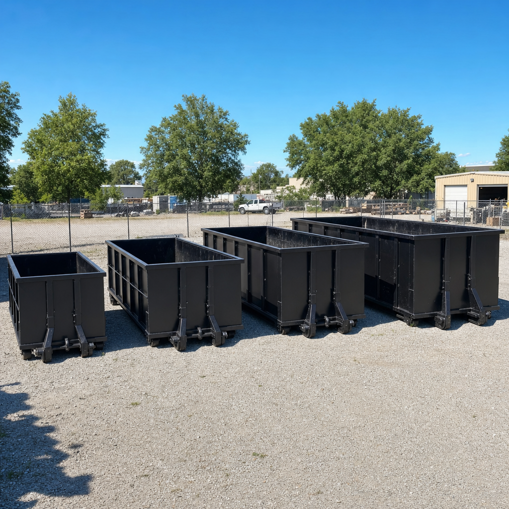A clean lineup of matte-black roll-off dumpsters in 10, 20, 30, and 40-yard sizes staged on a sunlit gravel yard in Lafayette, showing the size progression from compact to commercial-scale containers.