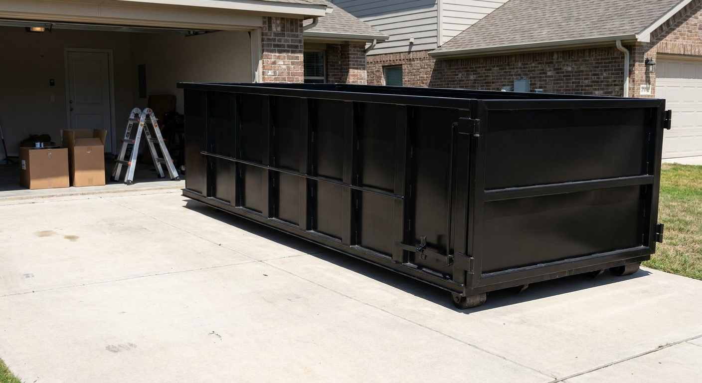 A matte-black 10-yard roll-off dumpster sitting directly on a residential Lafayette concrete driveway, mid-day sunlight, clean and ready for a garage cleanout.