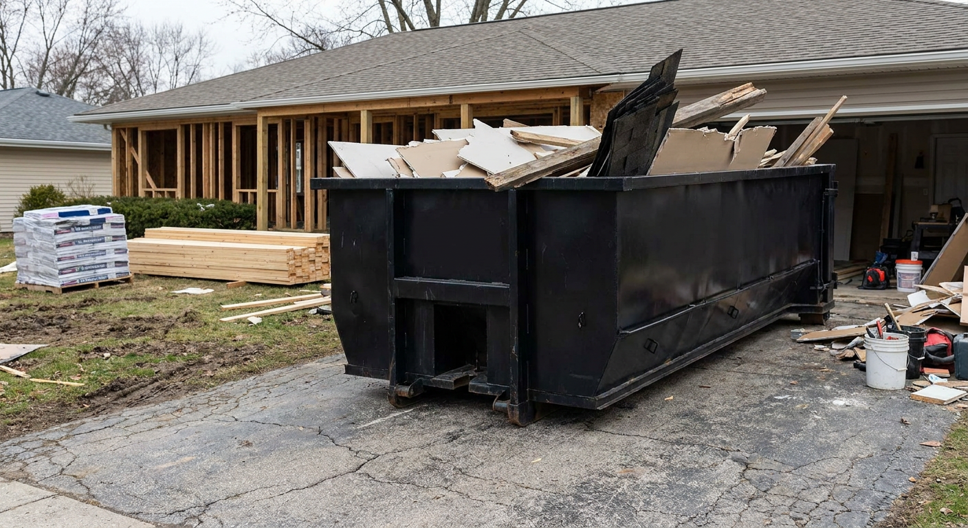 A matte-black 20-yard roll-off dumpster placed alongside a mid-renovation Lafayette home directly on the asphalt driveway, with framing materials and torn-off shingles staged neatly nearby.