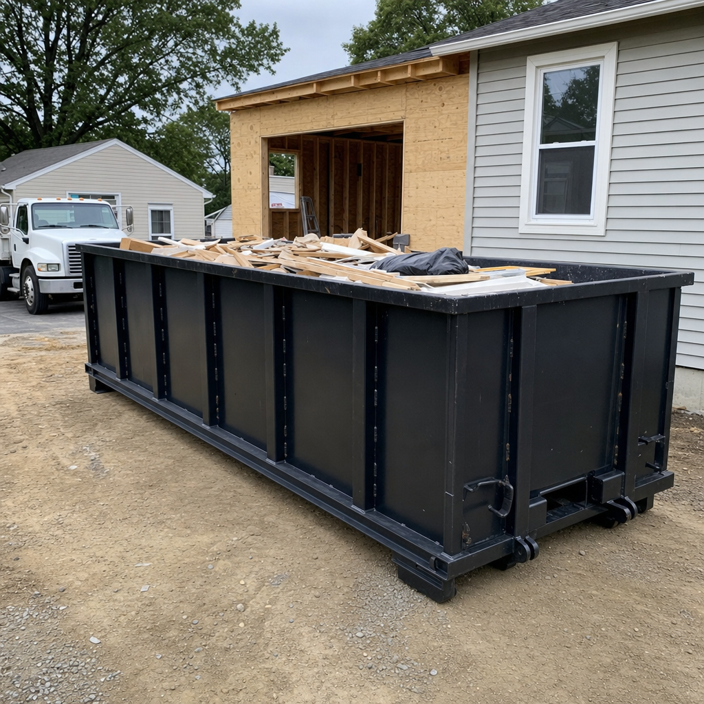 A matte-black 30-yard roll-off dumpster positioned at a Lafayette residential addition jobsite, with framing lumber and drywall scraps loaded through the open swinging rear doors.
