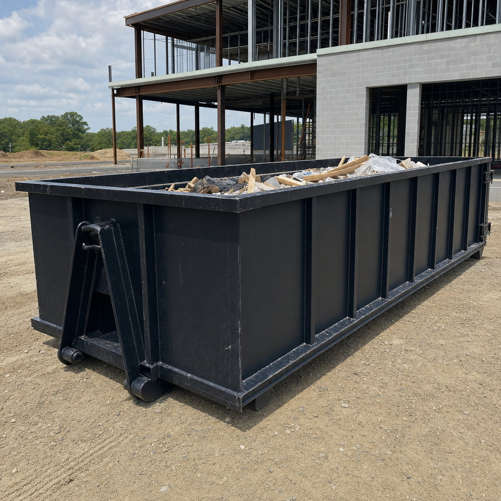 A matte-black 40-yard roll-off dumpster staged on a large Lafayette commercial construction lot, with a hooklift delivery truck parked alongside under bright midday sky.