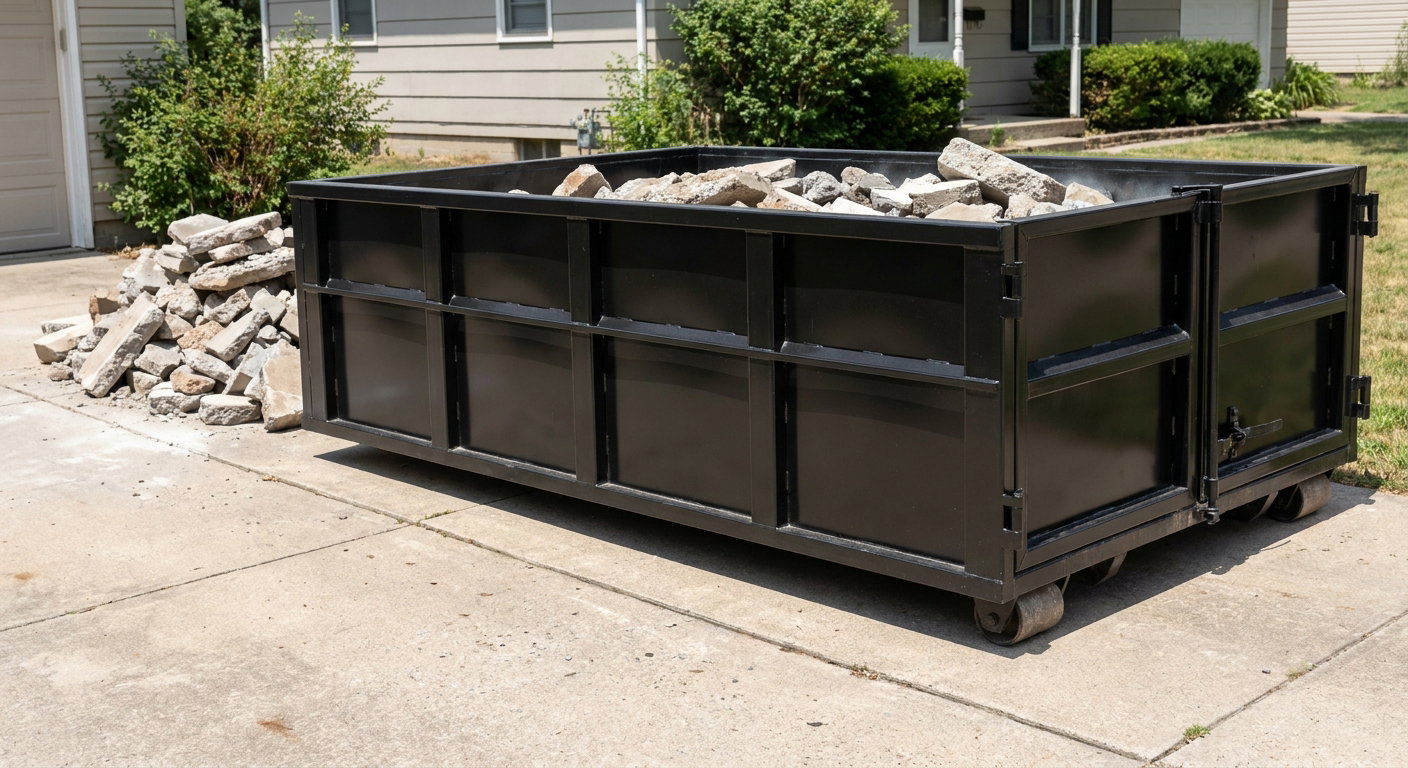 A matte-black low-side heavy-debris roll-off dumpster placed directly on a Lafayette concrete driveway, with broken concrete chunks neatly stacked beside it under clean daylight.